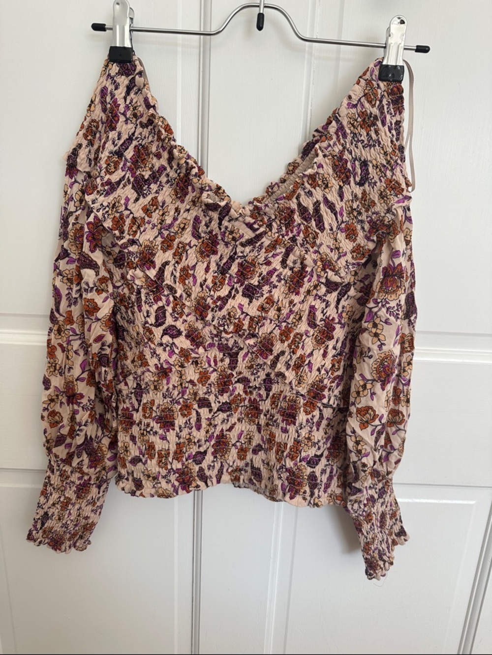 BB Dakota by Steve Madden Cream Floral Smocked V-Neck Blouse